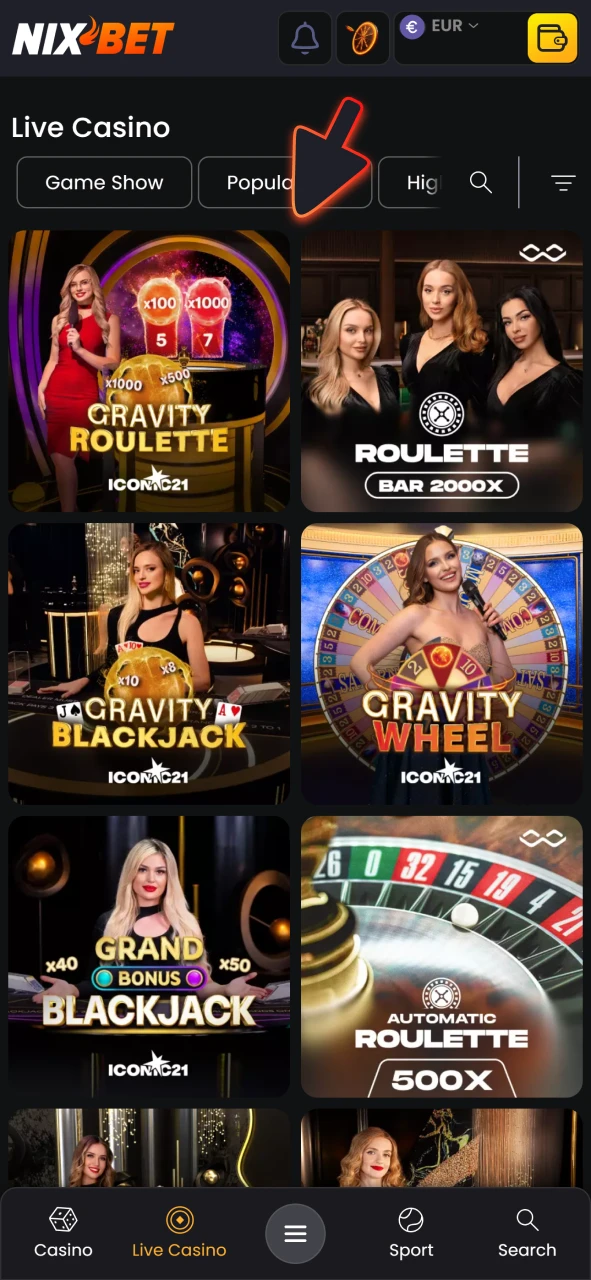 Kies een live casinospel om te spelen bij Nixbet.