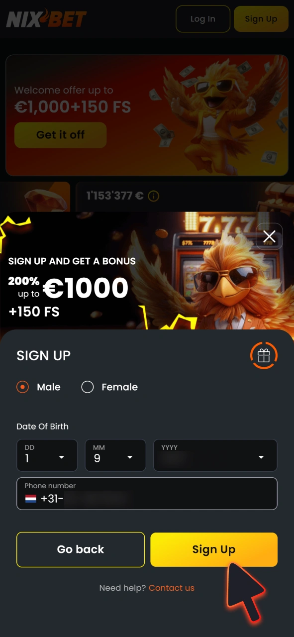 Voltooi je registratie in de NixBet-app.
