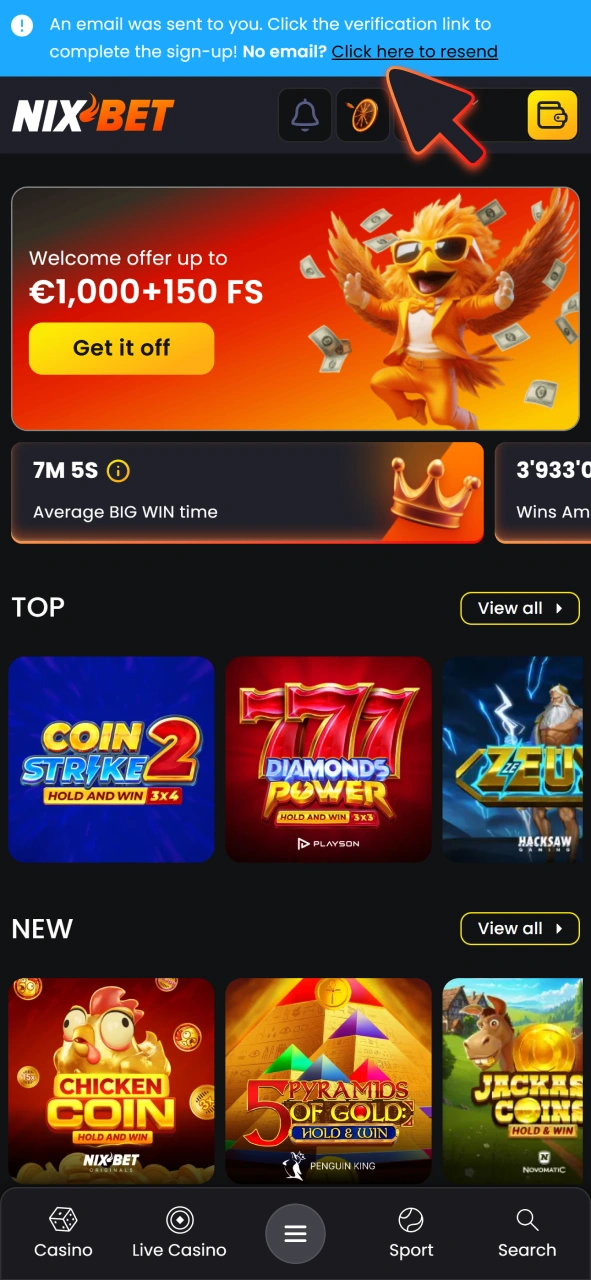 Bevestig je e-mailadres na je registratie bij NixBet en begin met spelen in de app.
