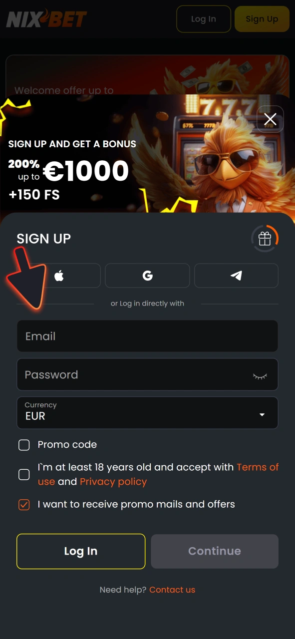 Begin met het invullen van het registratieformulier in de Nixbet-app.