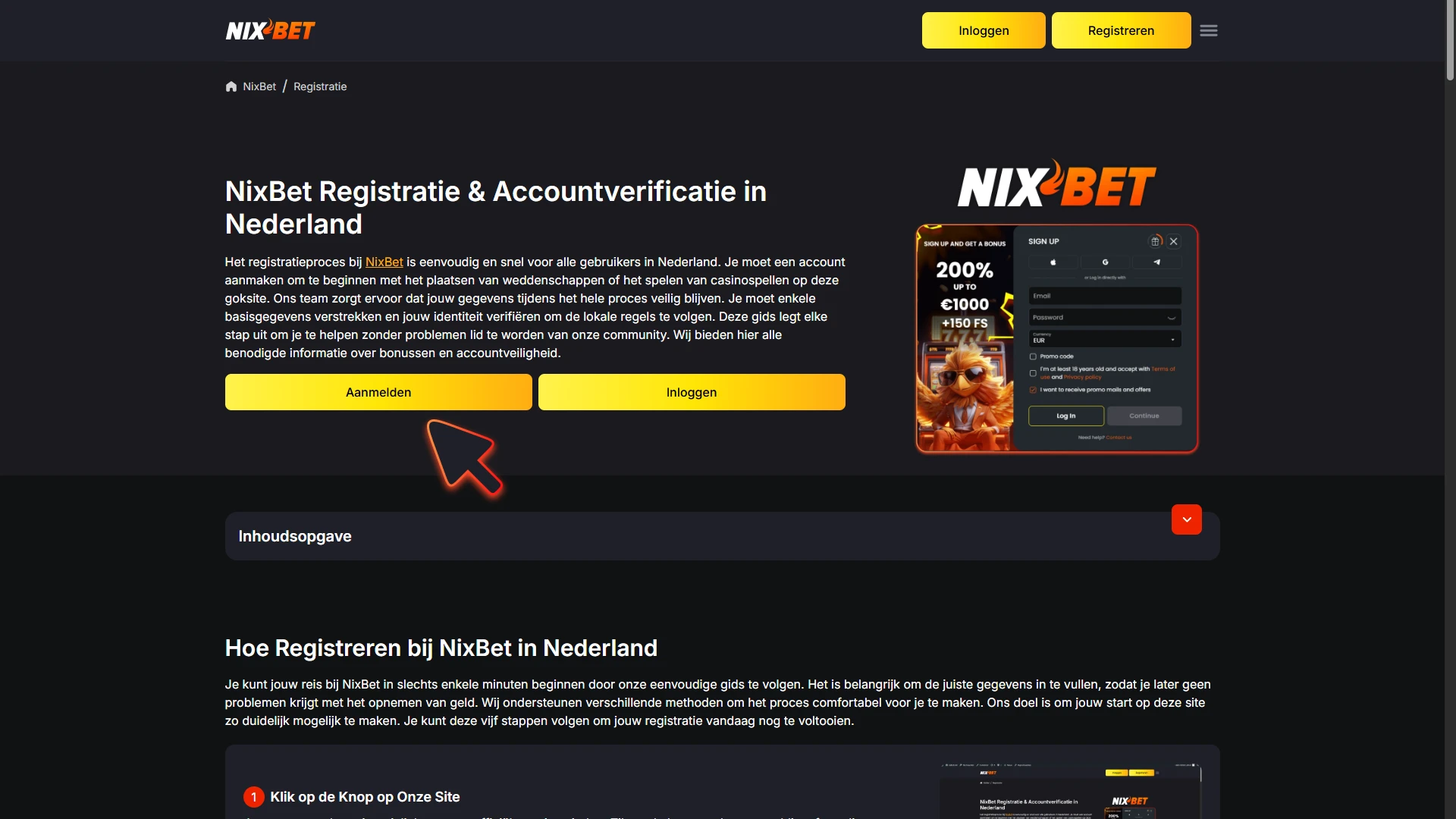 Klik op de knop op deze site om je aan te melden bij NixBet.